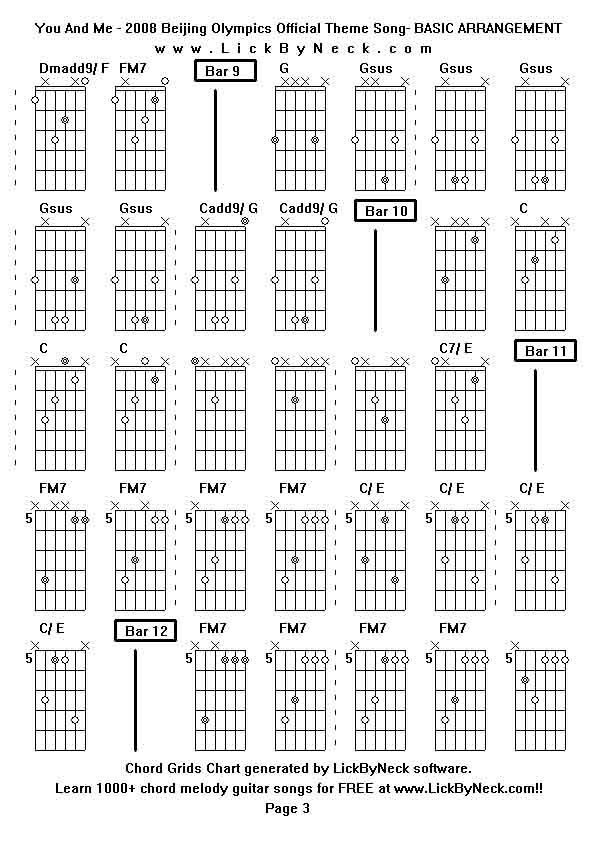 Chord Grids Chart of chord melody fingerstyle guitar song-You And Me - 2008 Beijing Olympics Official Theme Song- BASIC ARRANGEMENT,generated by LickByNeck software.